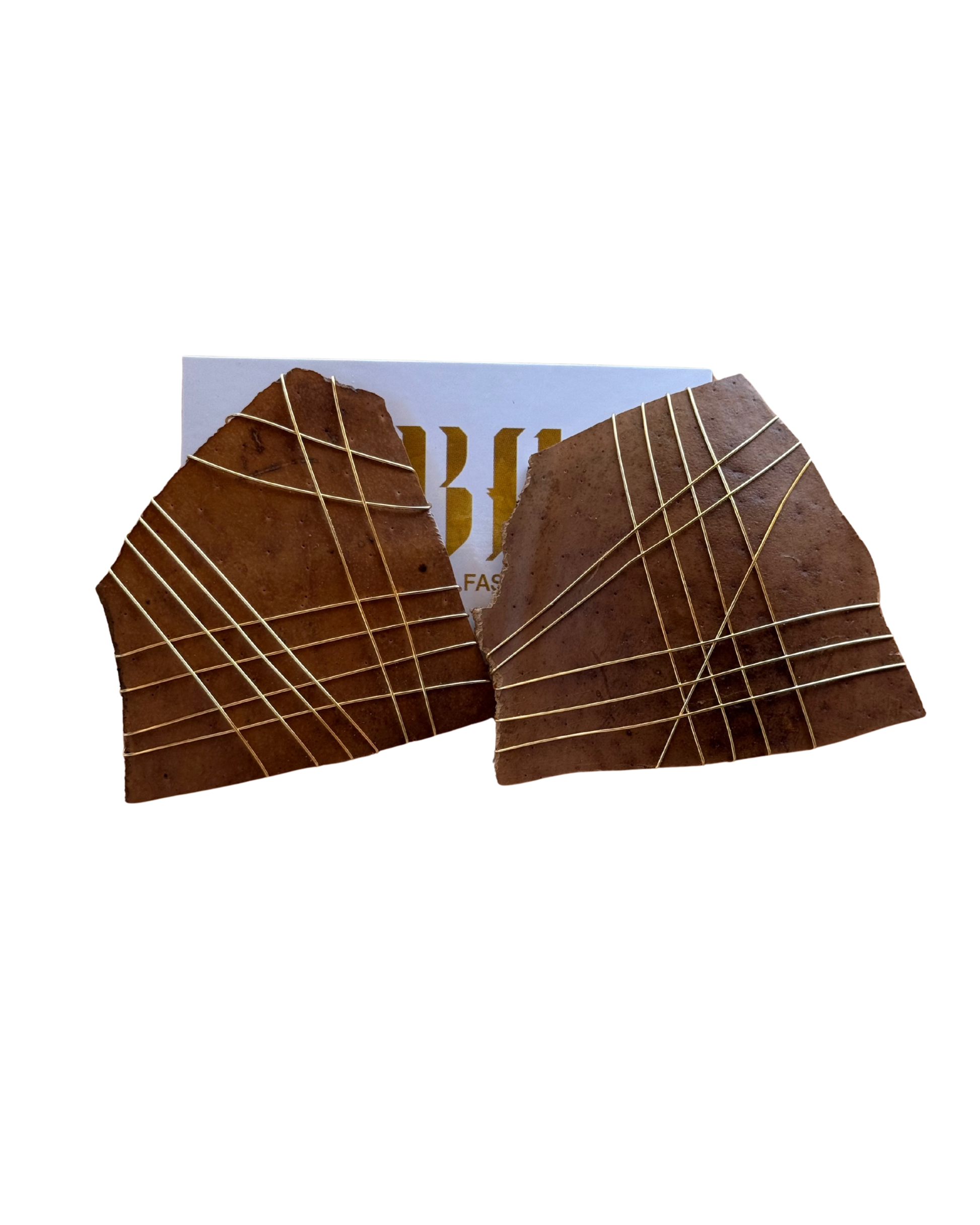  Brown geometric calabash with gold wire patterned earrings on a white background with BF card