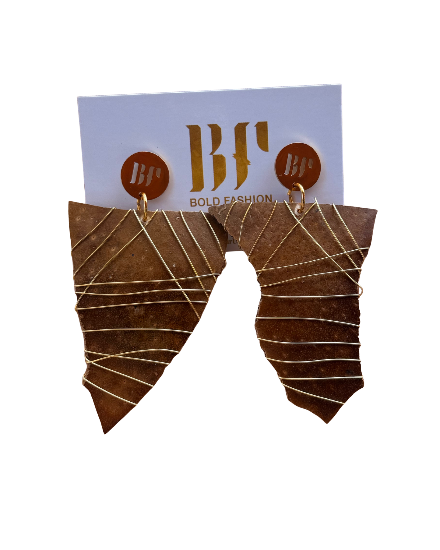 Brown geometric calabash earrings on a white backgroubg with a 'BF' card behind them.