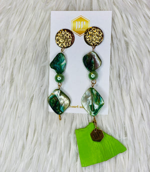 Green shea shells and calabash dangle earrings