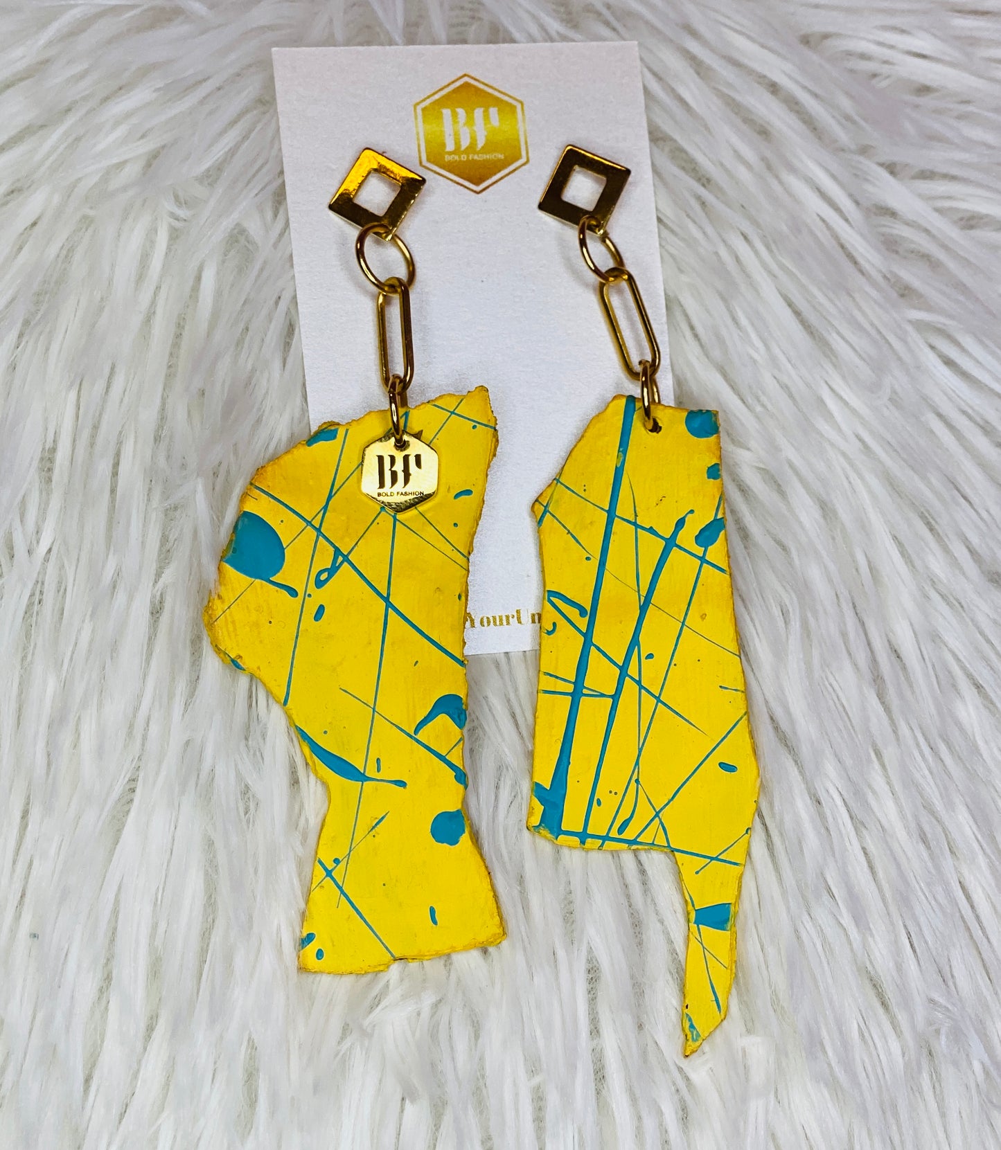 Yellow and blue colored irregular shaped calabash earrings